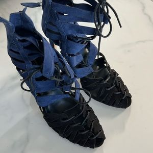 Zara Black Blue Suede Leather Lace Up Peep Toe Ankle Bootie Stiletto